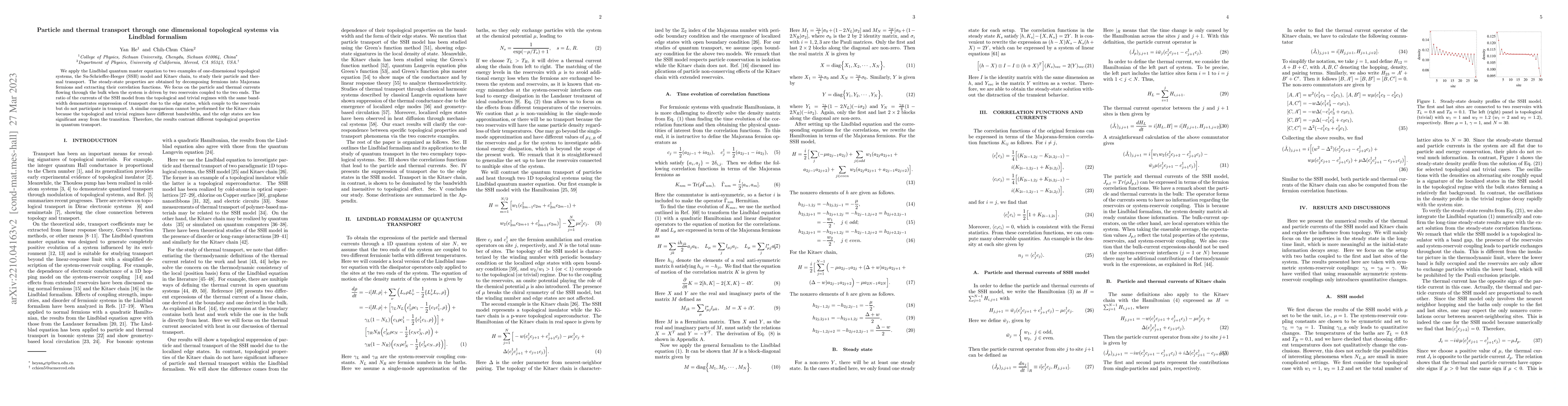 Thumbnail for Particle and thermal transport through one dimensional topological
  systems via Lindblad formalism