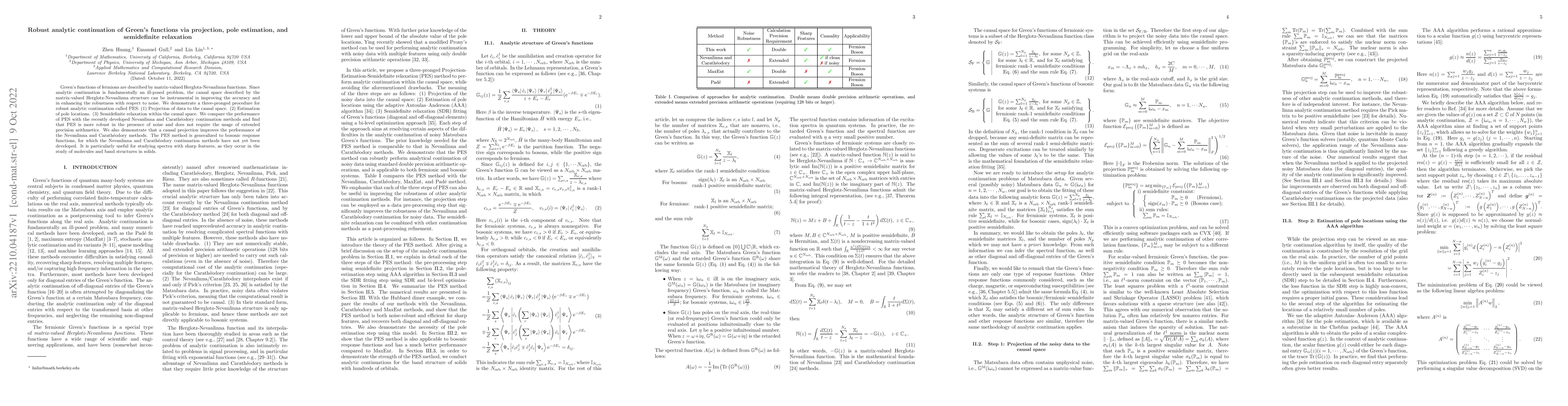 Thumbnail for Robust analytic continuation of Green's functions via projection, pole
  estimation, and semidefinite relaxation