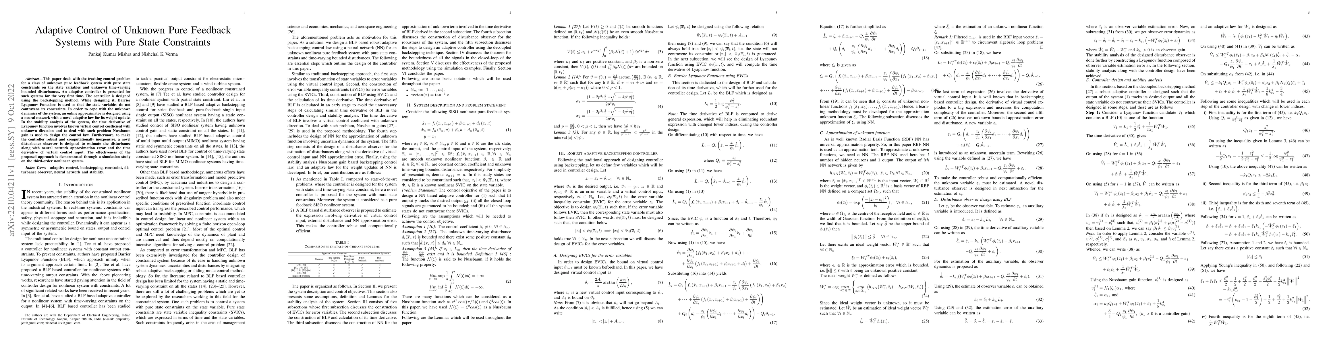 Thumbnail for Adaptive Control of Unknown Pure Feedback Systems with Pure State
  Constraints