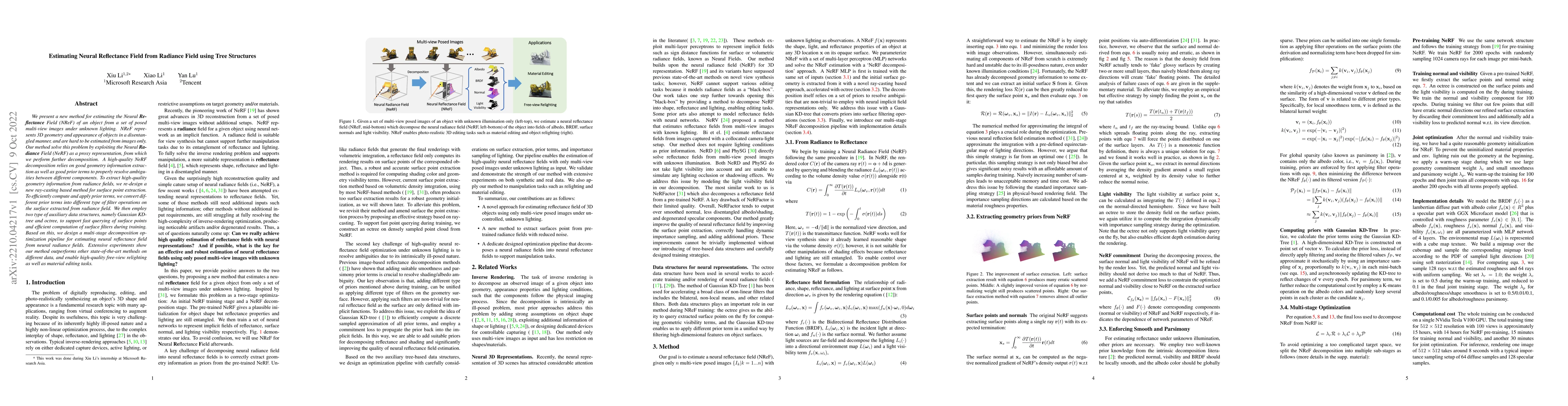 Thumbnail for Estimating Neural Reflectance Field from Radiance Field using Tree
  Structures