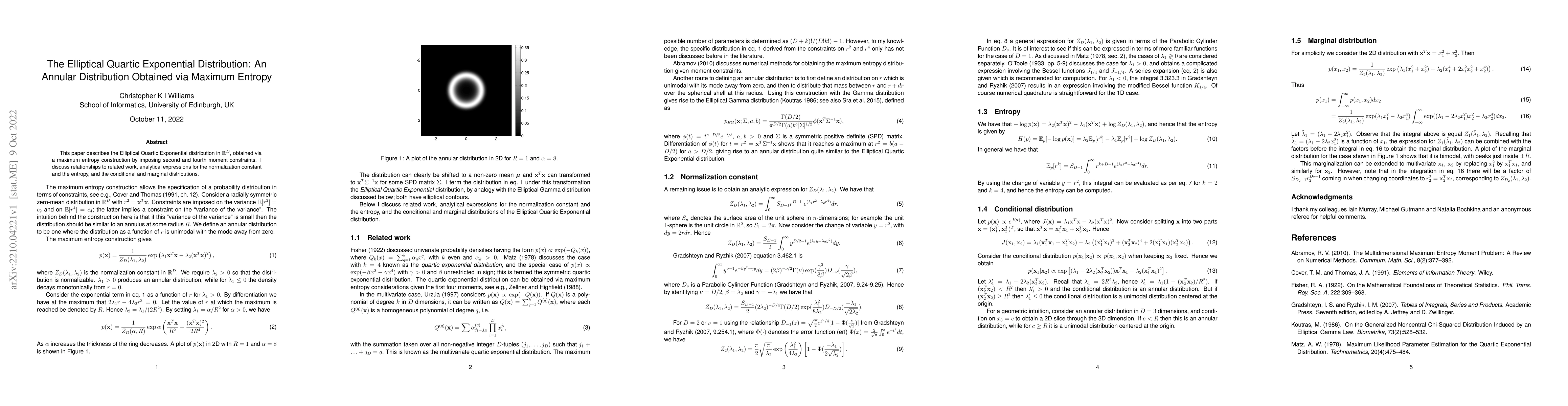 Thumbnail for The Elliptical Quartic Exponential Distribution: An Annular Distribution
  Obtained via Maximum Entropy