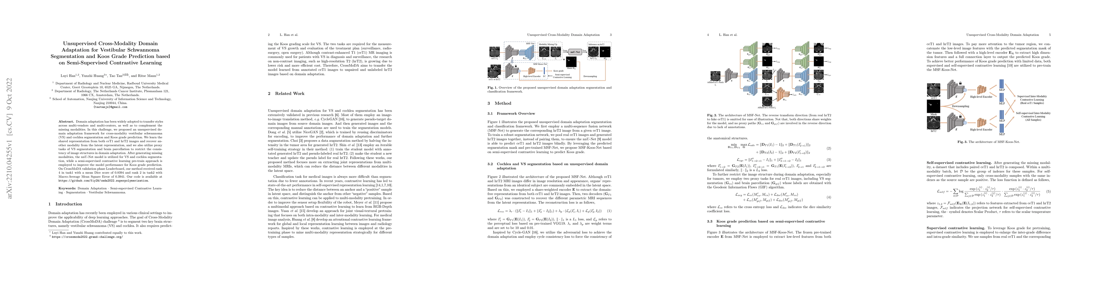 Thumbnail for Unsupervised Cross-Modality Domain Adaptation for Vestibular Schwannoma
  Segmentation and Koos Grade Prediction based on Semi-Supervised Contrastive
  Learning