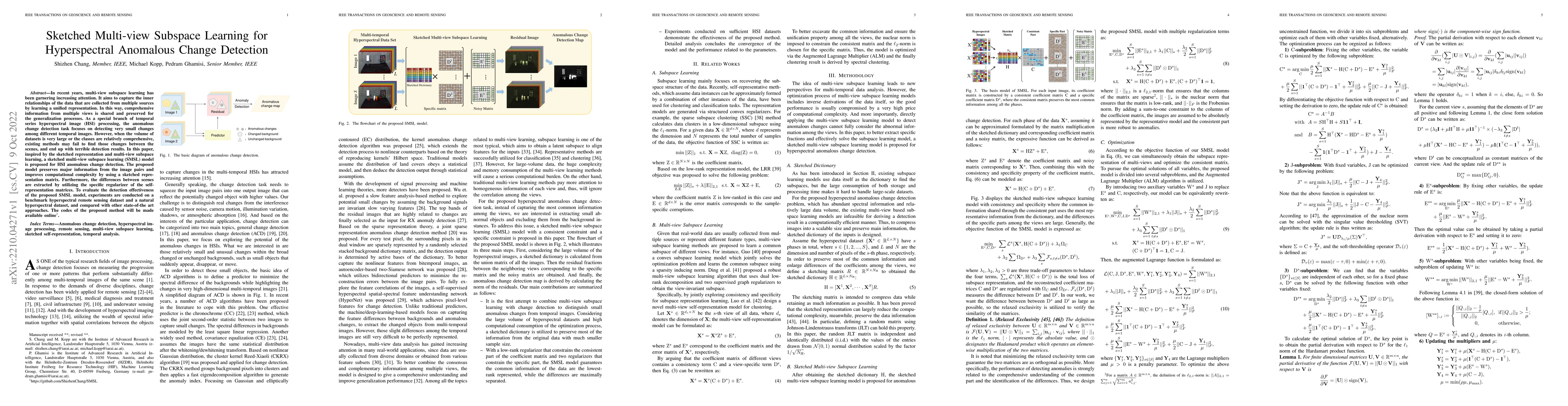 Thumbnail for Sketched Multi-view Subspace Learning for Hyperspectral Anomalous Change
  Detection