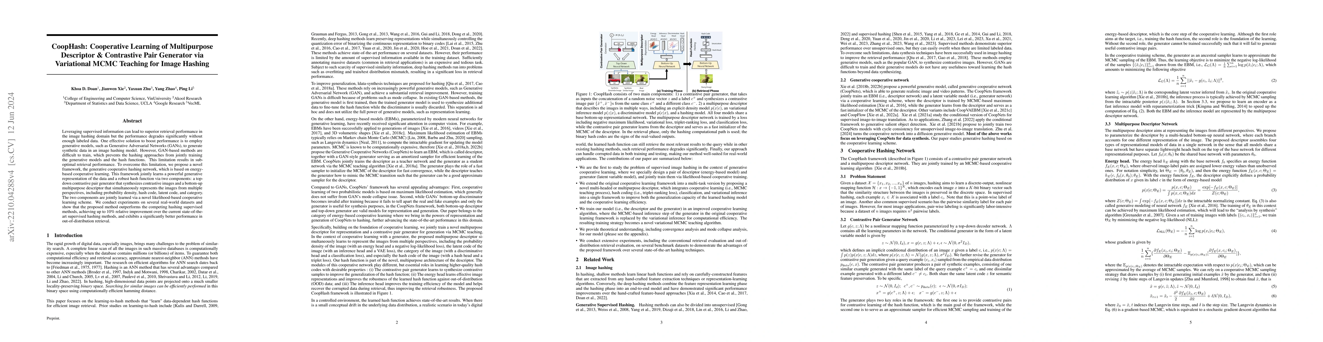 Thumbnail for CoopHash: Cooperative Learning of Multipurpose Descriptor and
  Contrastive Pair Generator via Variational MCMC Teaching for Supervised Image
  Hashing