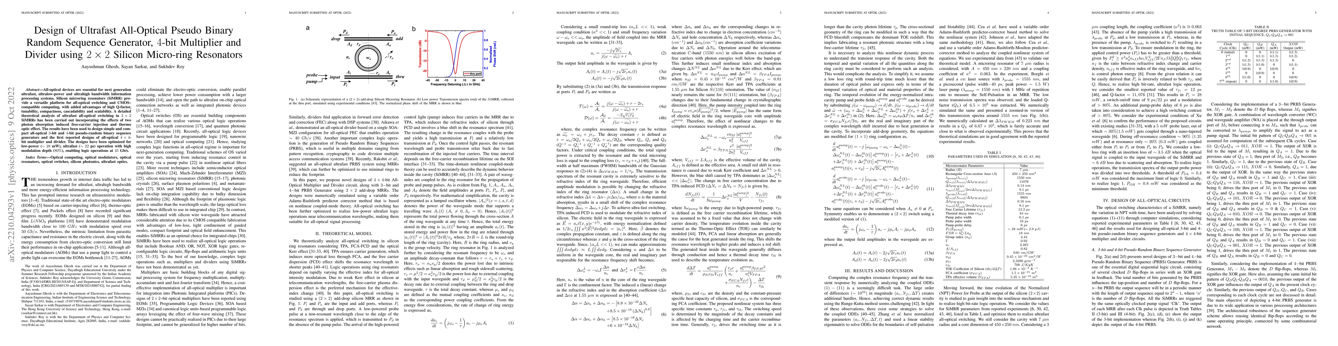 Thumbnail for Design of Ultrafast All-Optical Pseudo Binary Random Sequence Generator,
  4-bit Multiplier and Divider using 2 x 2 Silicon Micro-ring Resonators