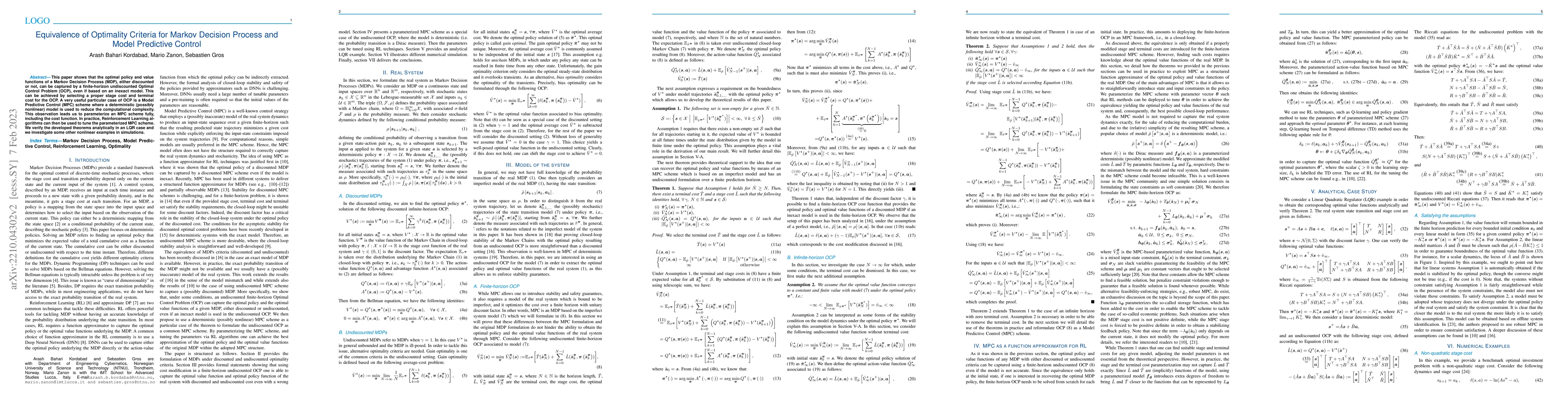 Thumbnail for Equivalence of Optimality Criteria for Markov Decision Process and Model
  Predictive Control