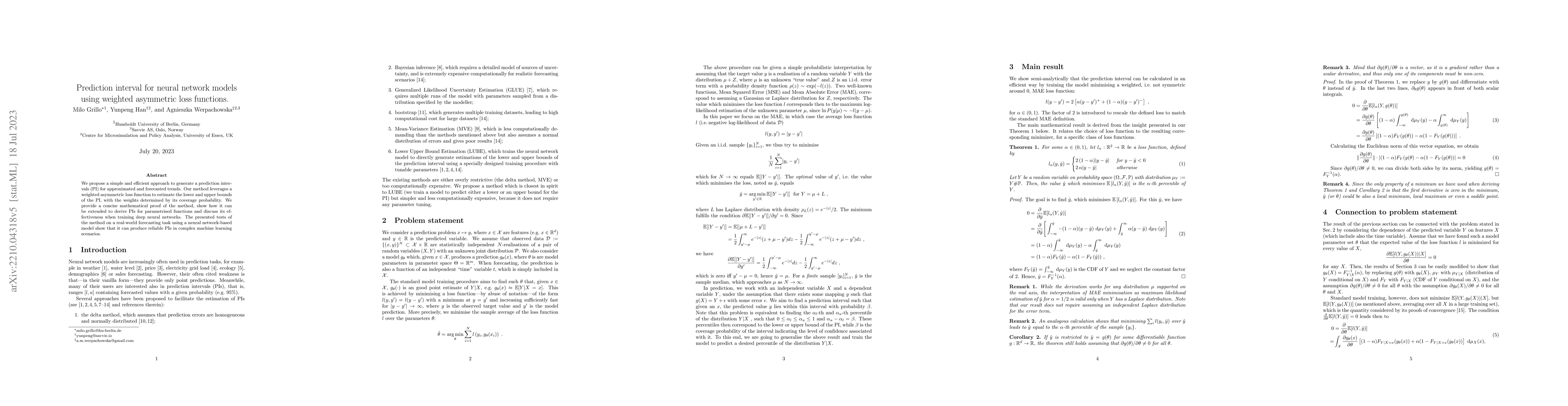 Thumbnail for Prediction intervals for neural network models using weighted asymmetric
  loss functions