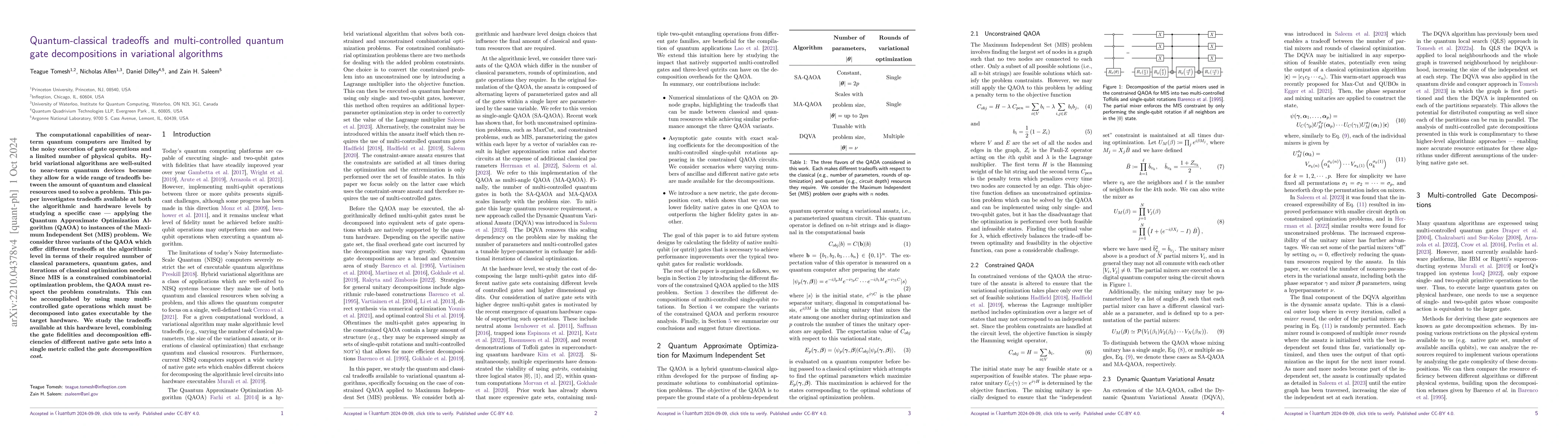 Thumbnail for Quantum-classical tradeoffs and multi-controlled quantum gate
  decompositions in variational algorithms