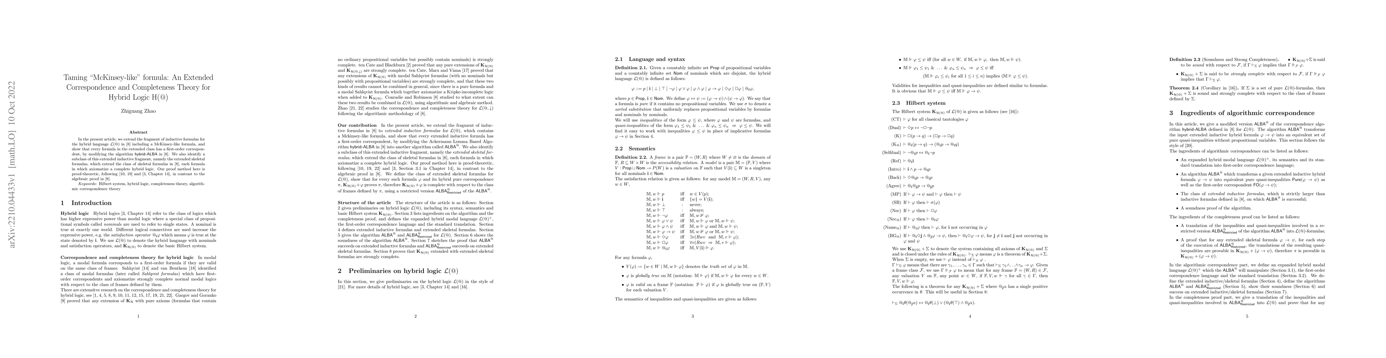 Thumbnail for Taming "McKinsey-like" formula: An Extended Correspondence and
  Completeness Theory for Hybrid Logic H(@)
