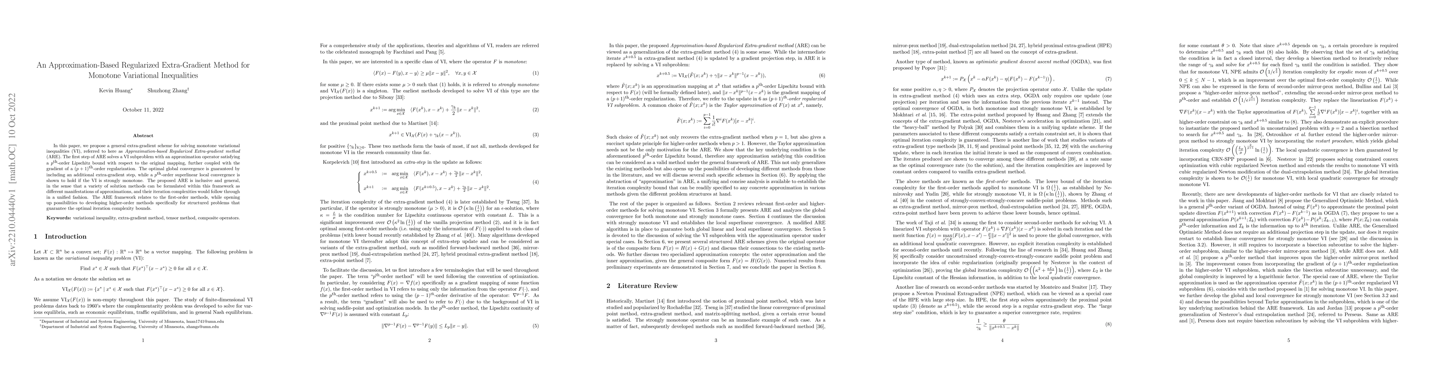 Thumbnail for An Approximation-Based Regularized Extra-Gradient Method for Monotone
  Variational Inequalities