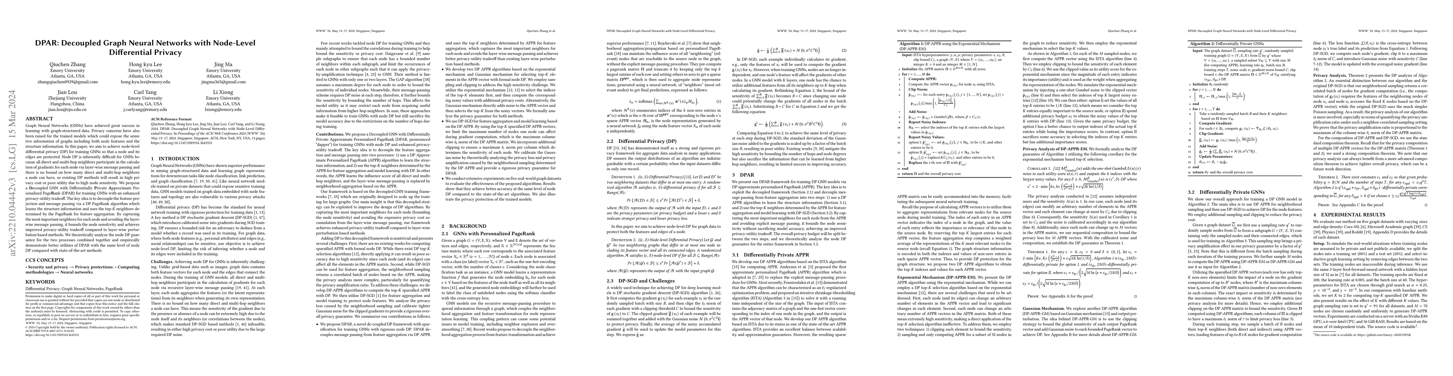Thumbnail for DPAR: Decoupled Graph Neural Networks with Node-Level Differential
  Privacy