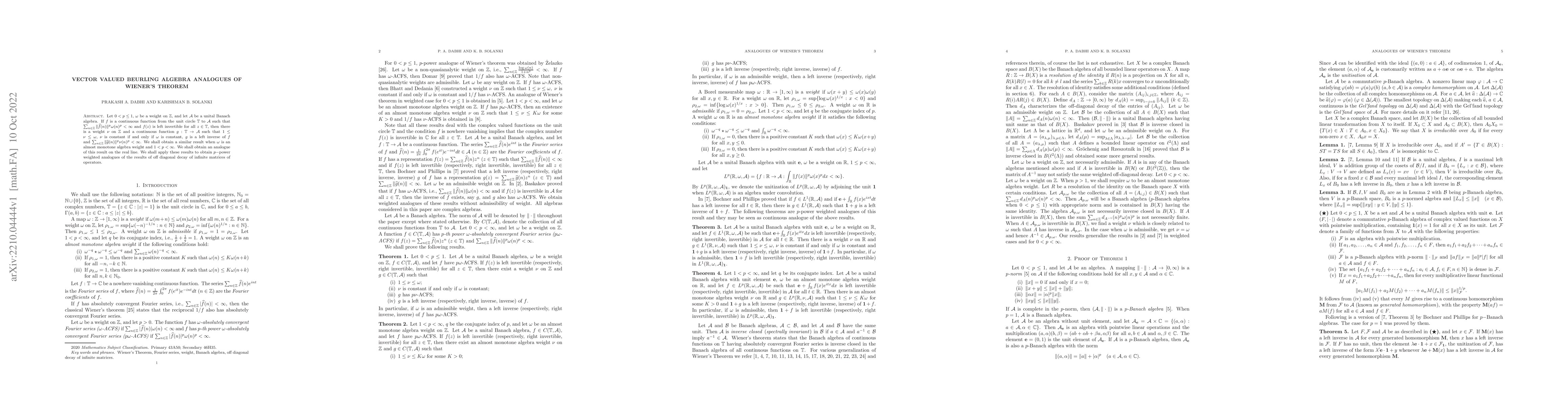 Thumbnail for Vector valued Beurling algebra analogues of Wiener's Theorem