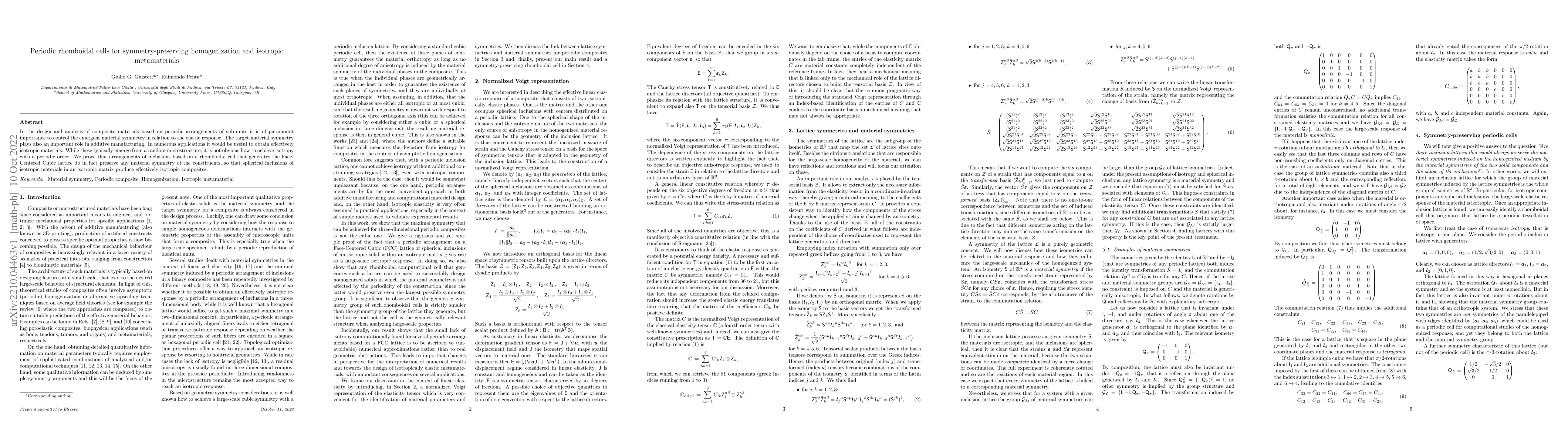 Thumbnail for Periodic rhomboidal cells for symmetry-preserving homogenization and
  isotropic metamaterials