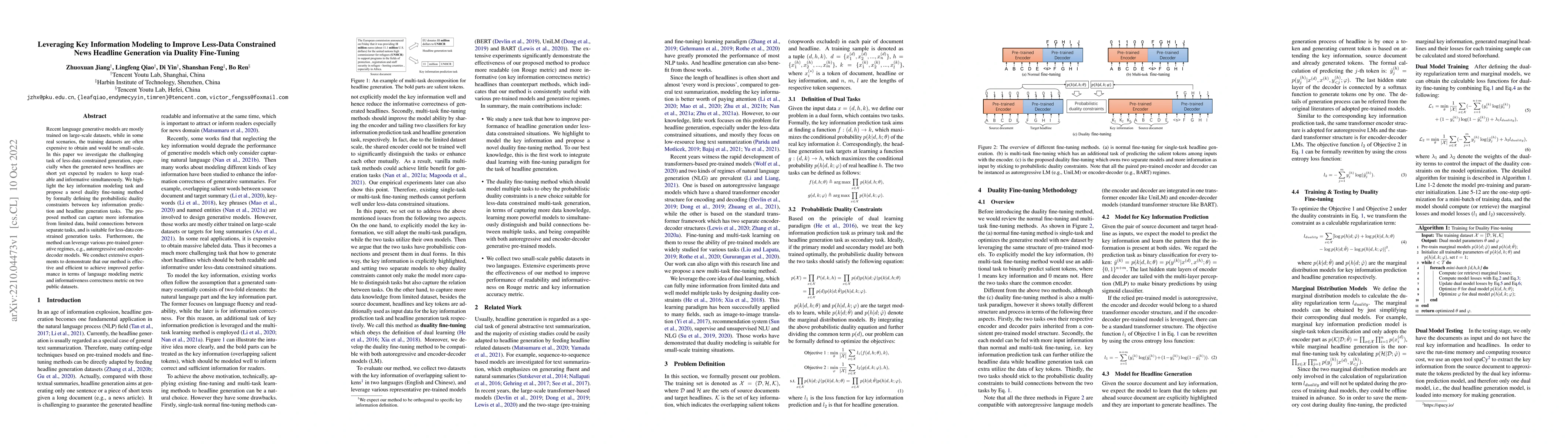 Thumbnail for Leveraging Key Information Modeling to Improve Less-Data Constrained
  News Headline Generation via Duality Fine-Tuning