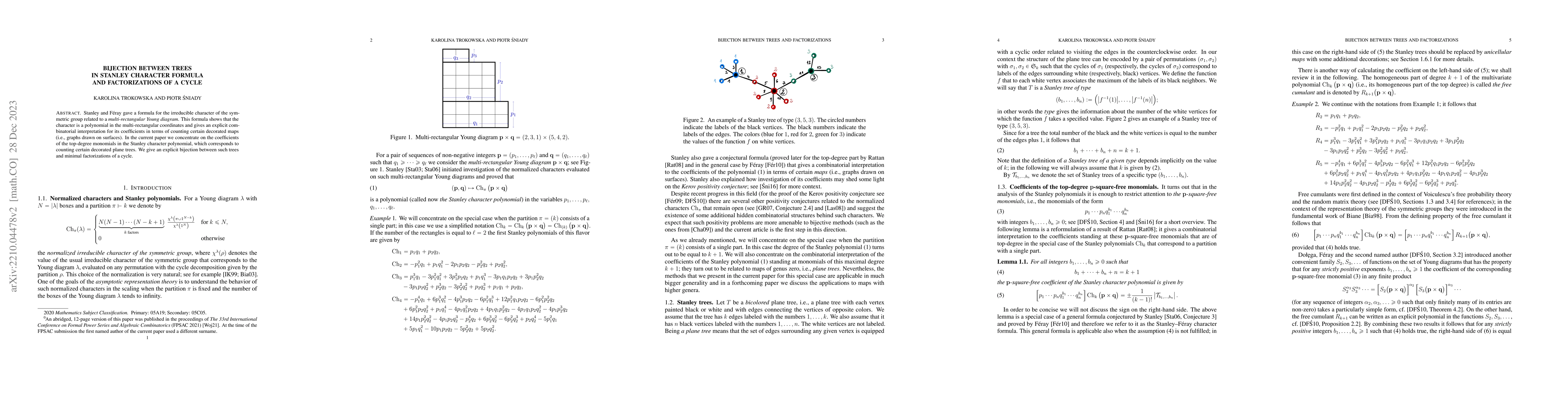 Thumbnail for Bijection between trees in Stanley character formula and factorizations
  of a cycle