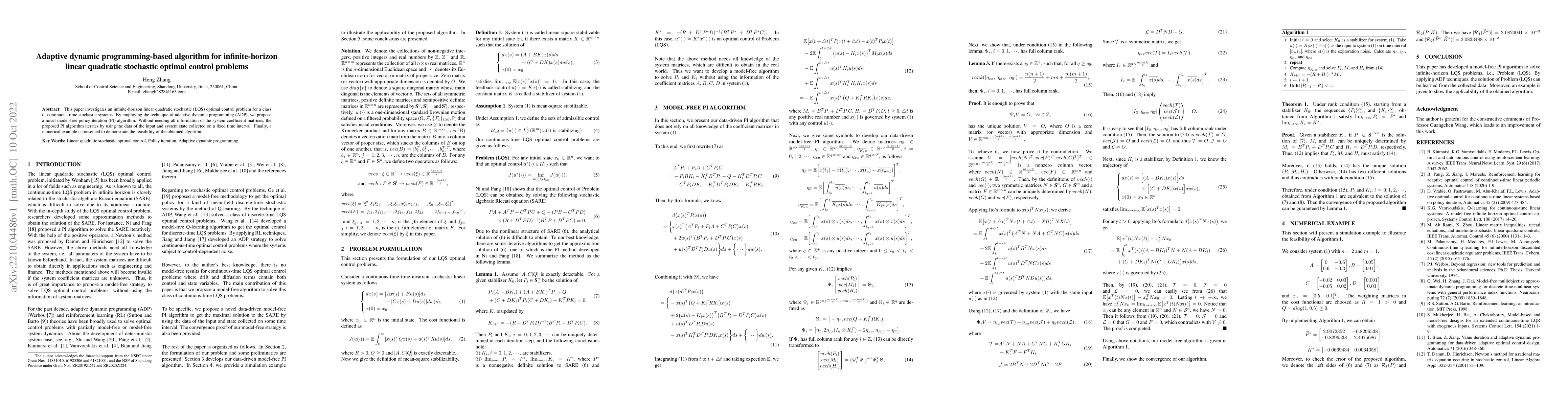 Thumbnail for Adaptive dynamic programming-based algorithm for infinite-horizon linear
  quadratic stochastic optimal control problems