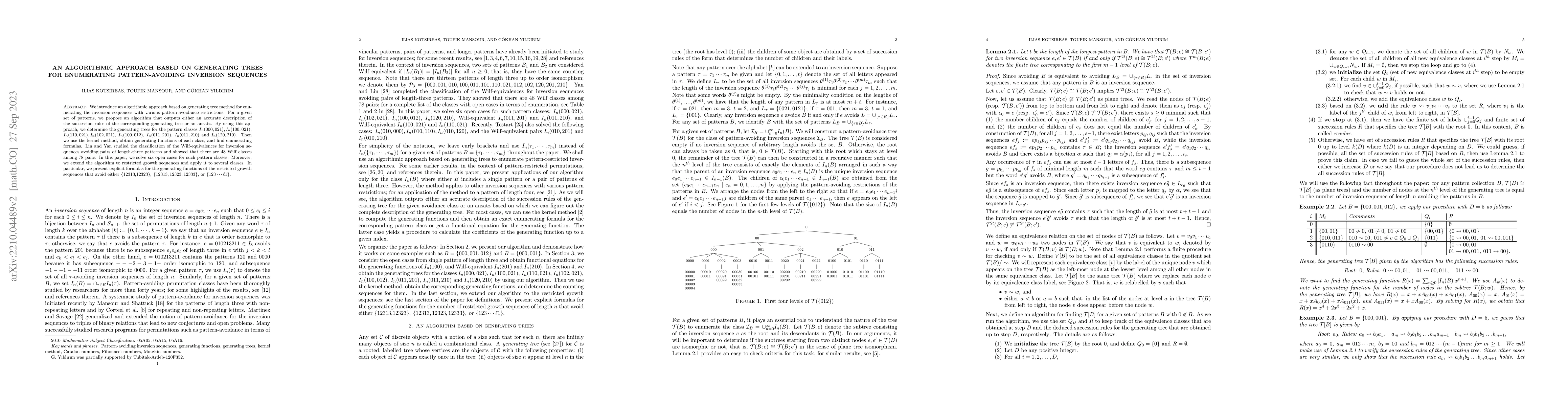 Thumbnail for An algorithmic approach based on generating trees for enumerating
  pattern-avoiding inversion sequences