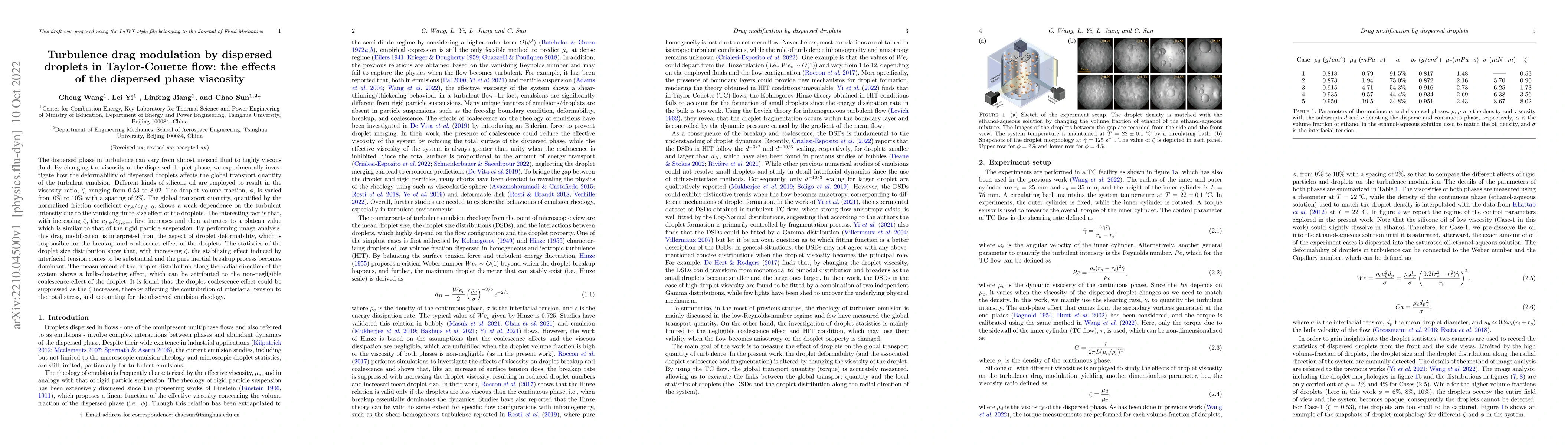 Thumbnail for Turbulence drag modulation by dispersed droplets in Taylor-Couette flow:
  the effects of the dispersed phase viscosity
