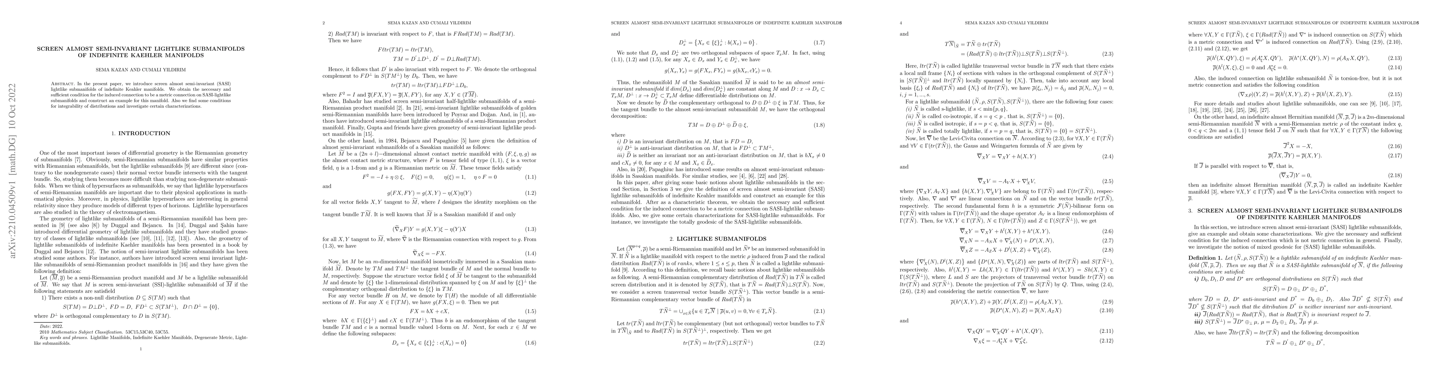 Thumbnail for Screen Almost Semi-Invariant Lightlike Submanifolds of Indefinite
  Kaehler Manifolds