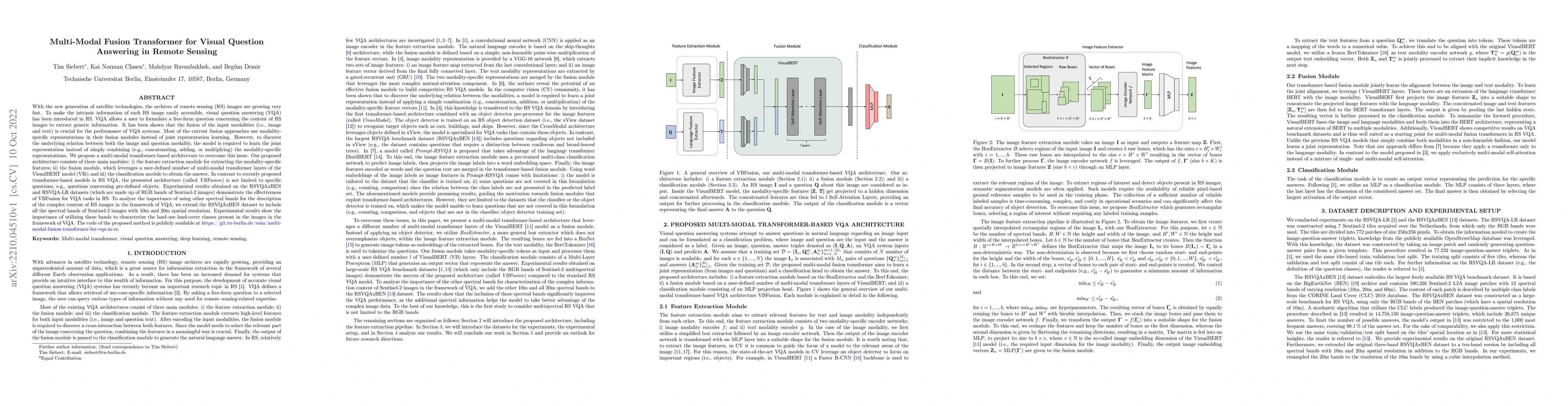 Thumbnail for Multi-Modal Fusion Transformer for Visual Question Answering in Remote
  Sensing