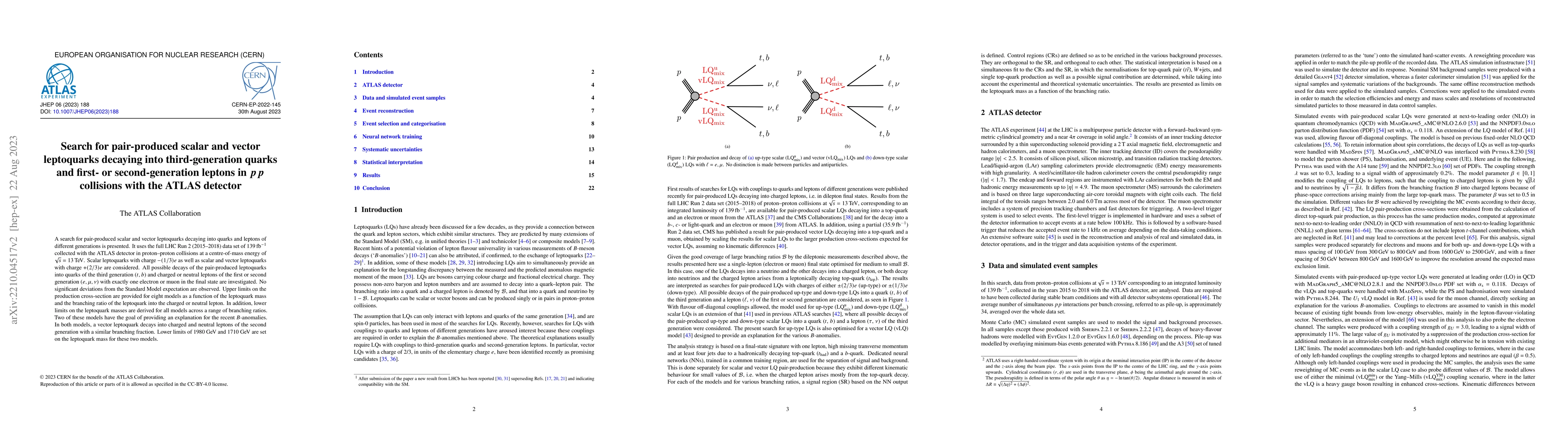 Thumbnail for Search for pair-produced scalar and vector leptoquarks decaying into
  third-generation quarks and first- or second-generation leptons in pp
  collisions with the ATLAS detector
