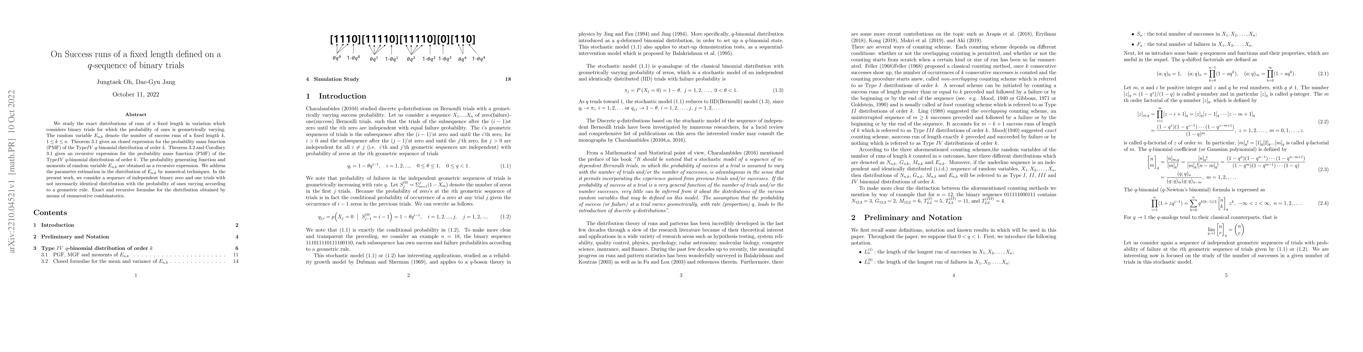 Thumbnail for On Success runs of a fixed length defined on a $q$-sequence of binary
  trials