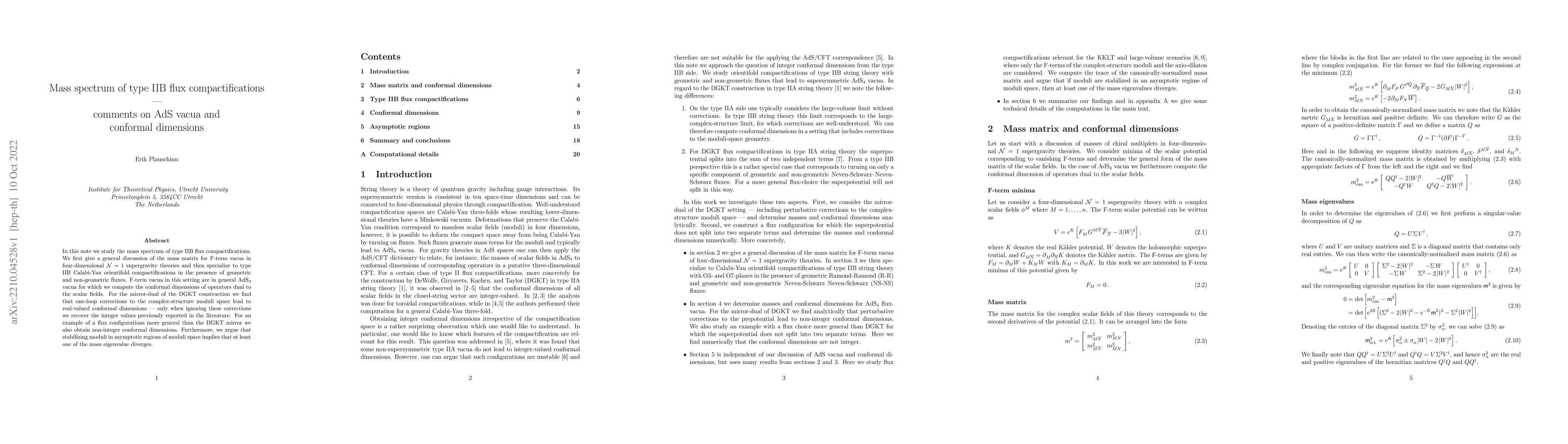 Thumbnail for Mass spectrum of type IIB flux compactifications -- comments on AdS
  vacua and conformal dimensions