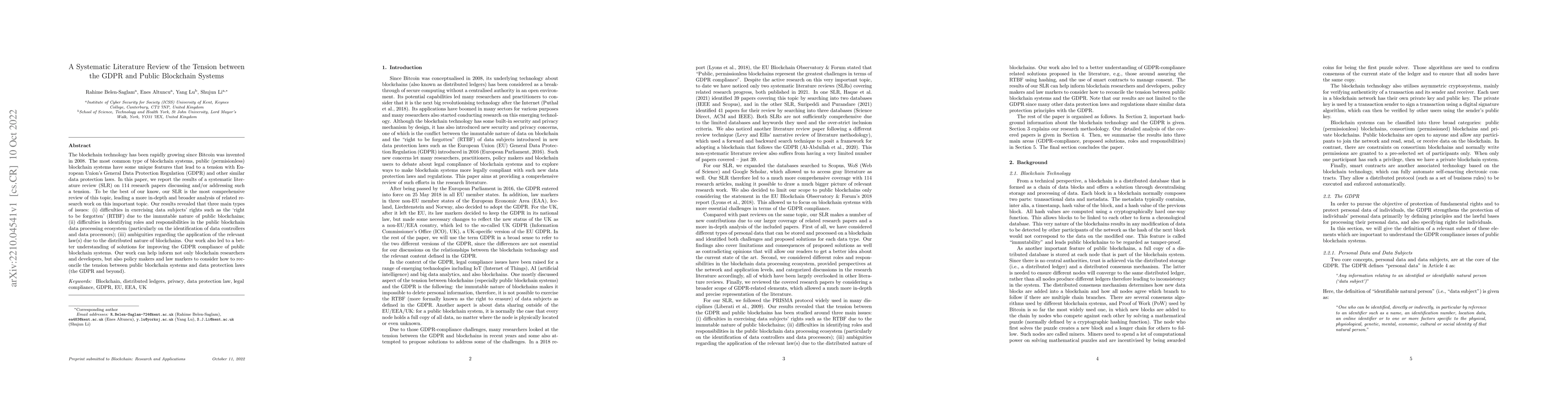 Thumbnail for A Systematic Literature Review of the Tension between the GDPR and
  Public Blockchain Systems
