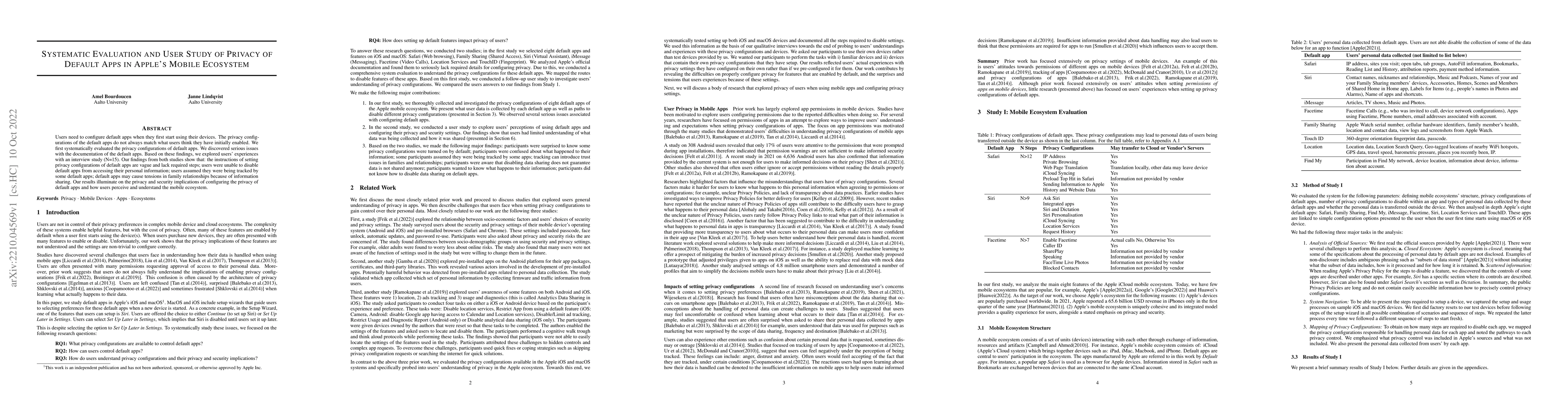Thumbnail for Systematic Evaluation and User Study of Privacy of Default Apps in
  Apple's Mobile Ecosystem