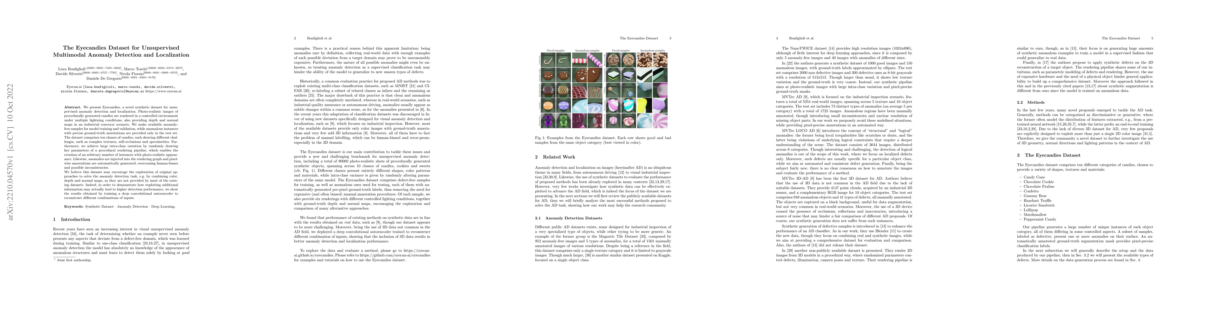Thumbnail for The Eyecandies Dataset for Unsupervised Multimodal Anomaly Detection and
  Localization