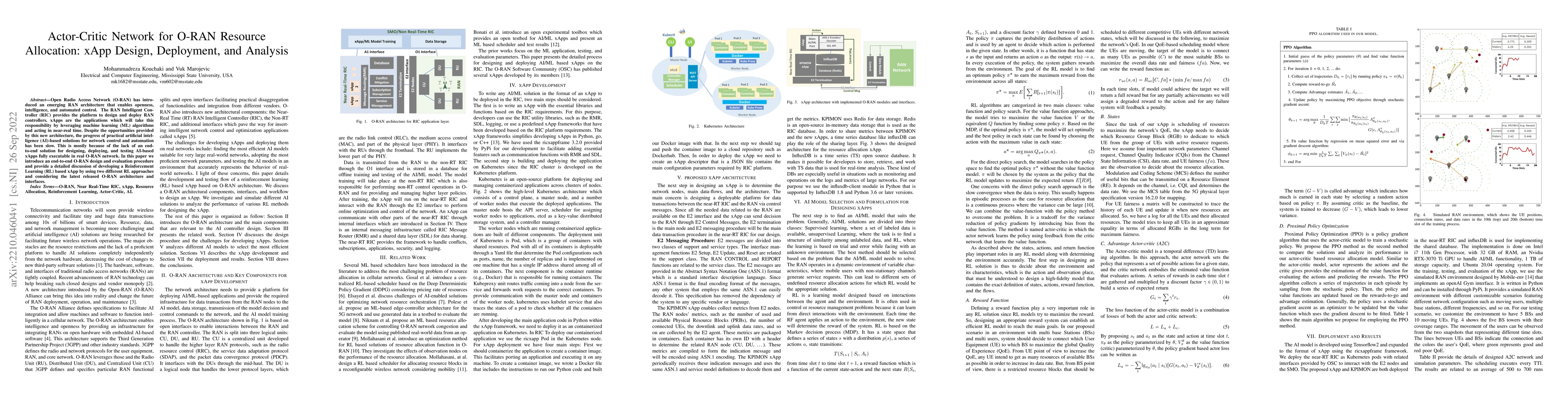 Thumbnail for Actor-Critic Network for O-RAN Resource Allocation: xApp Design,
  Deployment, and Analysis