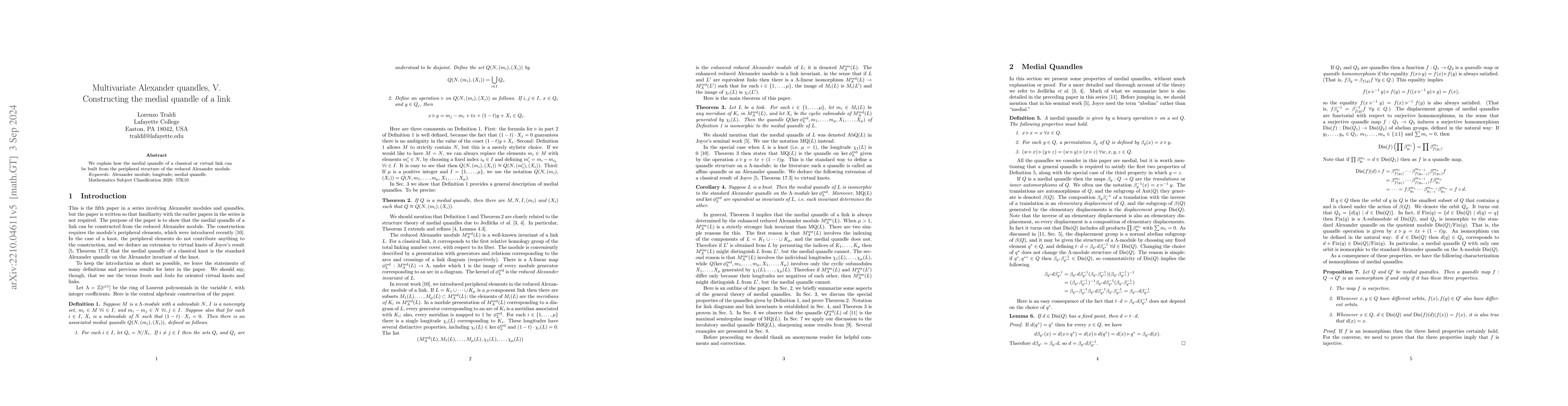 Thumbnail for Multivariate Alexander quandles, V. Constructing the medial quandle of a
  link