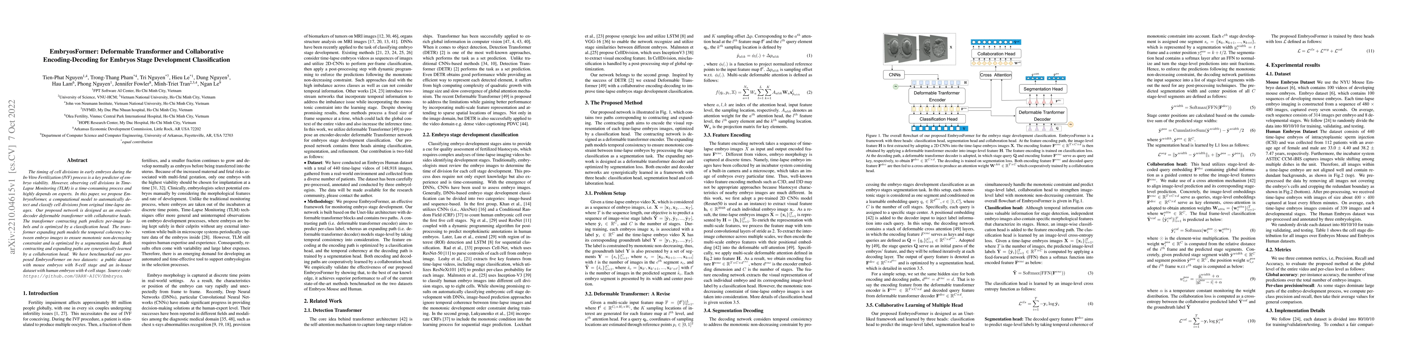 Thumbnail for EmbryosFormer: Deformable Transformer and Collaborative
  Encoding-Decoding for Embryos Stage Development Classification