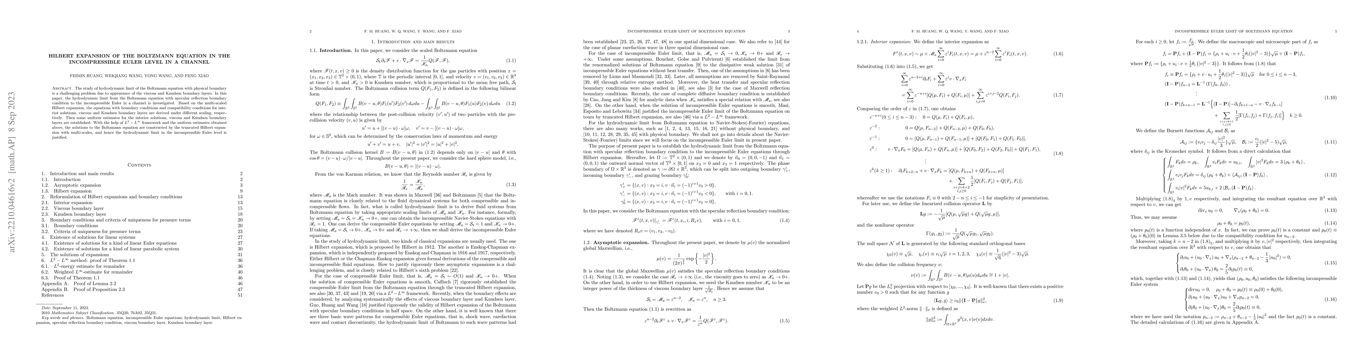 Thumbnail for Hilbert expansion of the Boltzmann equation in the incompressible Euler
  level in a channel