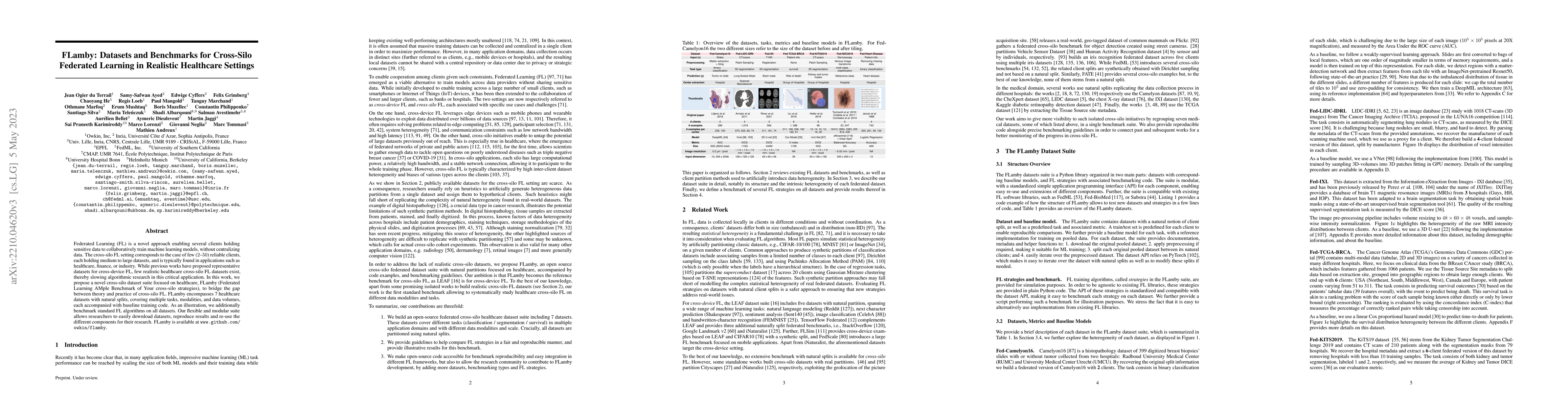 Thumbnail for FLamby: Datasets and Benchmarks for Cross-Silo Federated Learning in
  Realistic Healthcare Settings