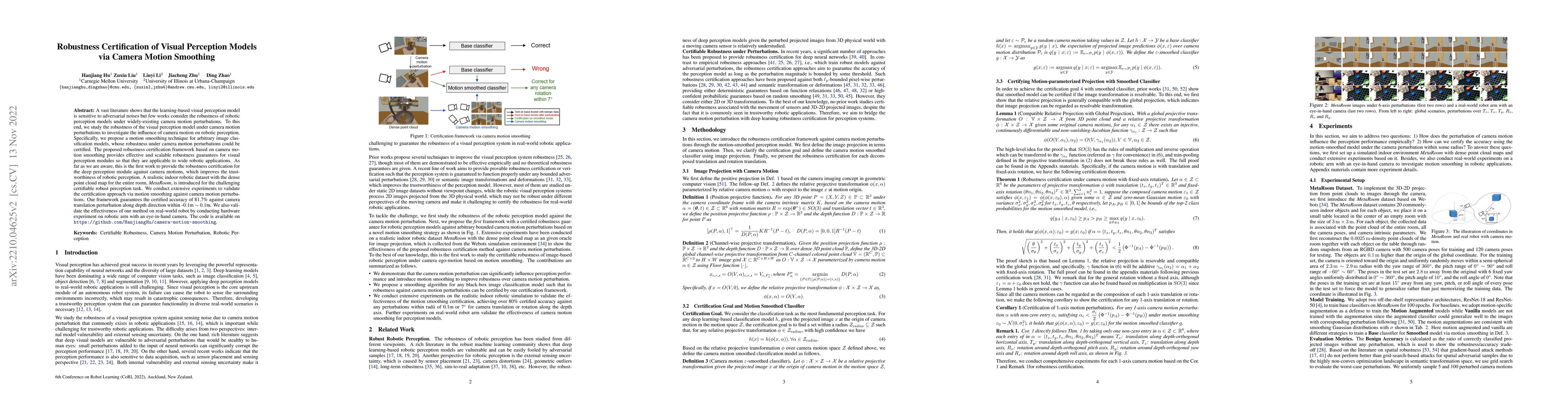 Thumbnail for Robustness Certification of Visual Perception Models via Camera Motion
  Smoothing