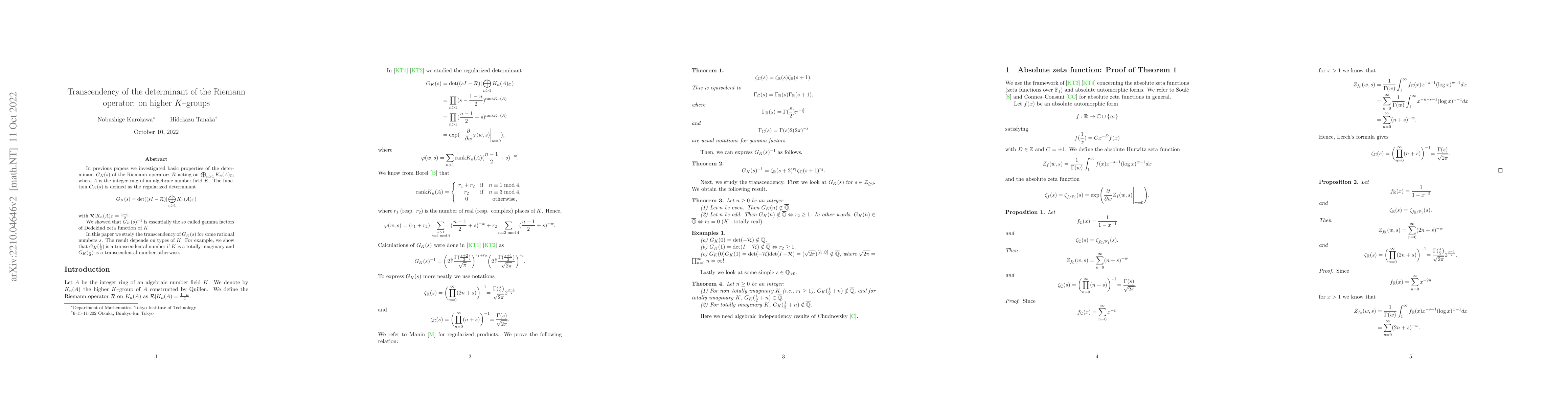 Thumbnail for Transcendency of the determinant of the Riemann operator: on higher
  $K$-groups