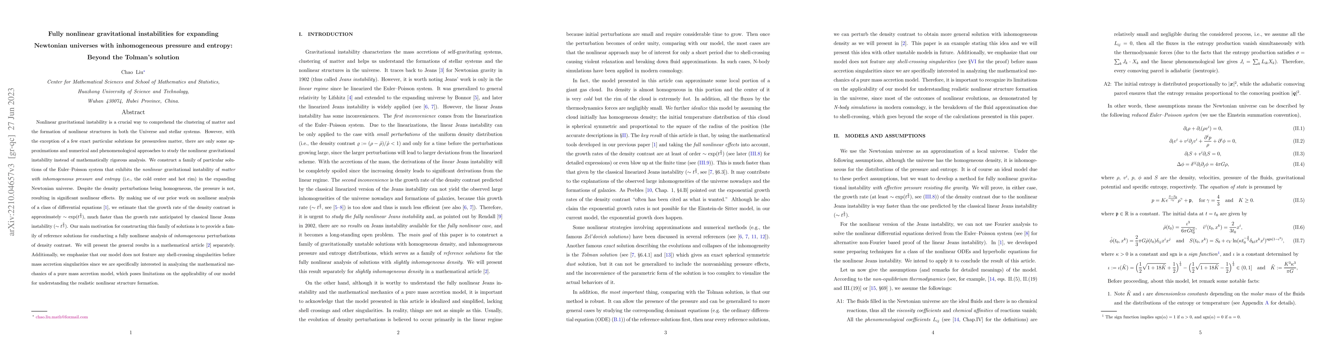 Thumbnail for Fully nonlinear gravitational instabilities for expanding Newtonian
  universes with inhomogeneous pressure and entropy: Beyond the Tolman's
  solution