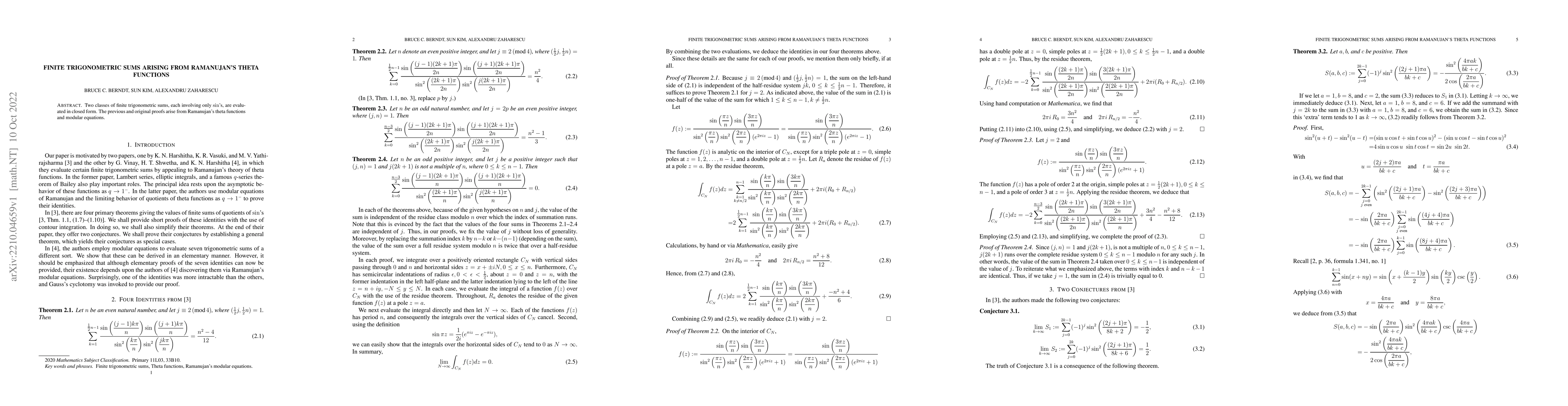 Thumbnail for Finite trigonometric sums arising from Ramanujan's theta functions