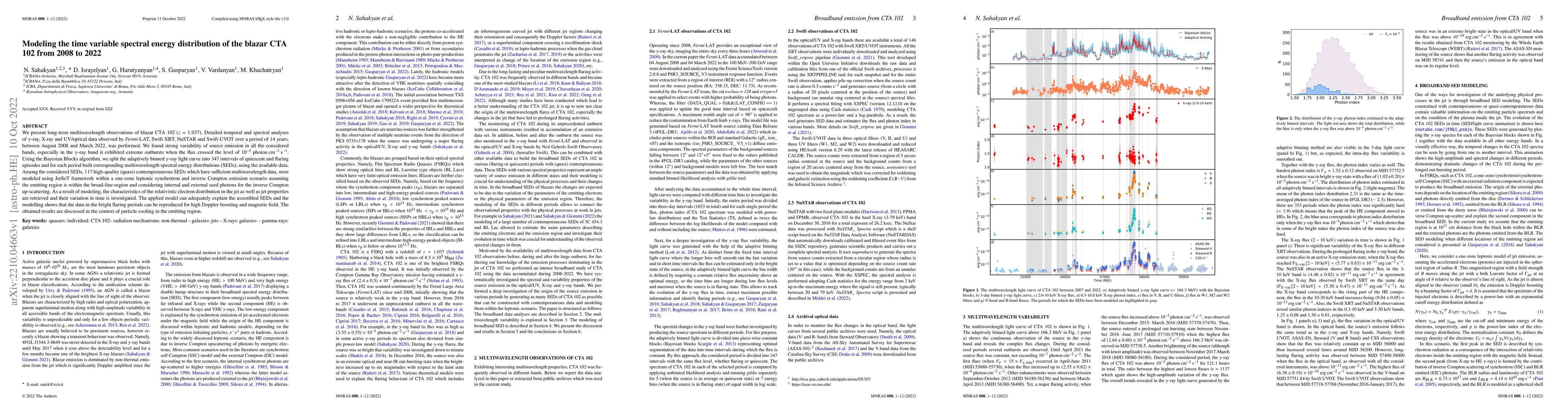 Thumbnail for Modeling the time variable spectral energy distribution of the blazar
  CTA 102 from 2008 to 2022