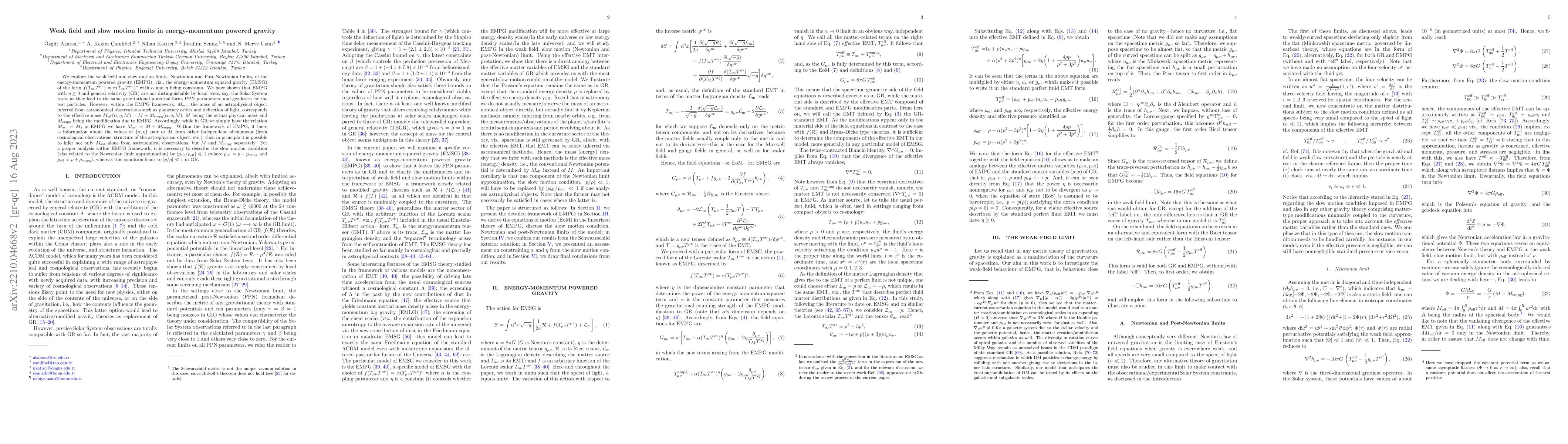 Thumbnail for Weak field and slow motion limits in energy-momentum powered gravity
