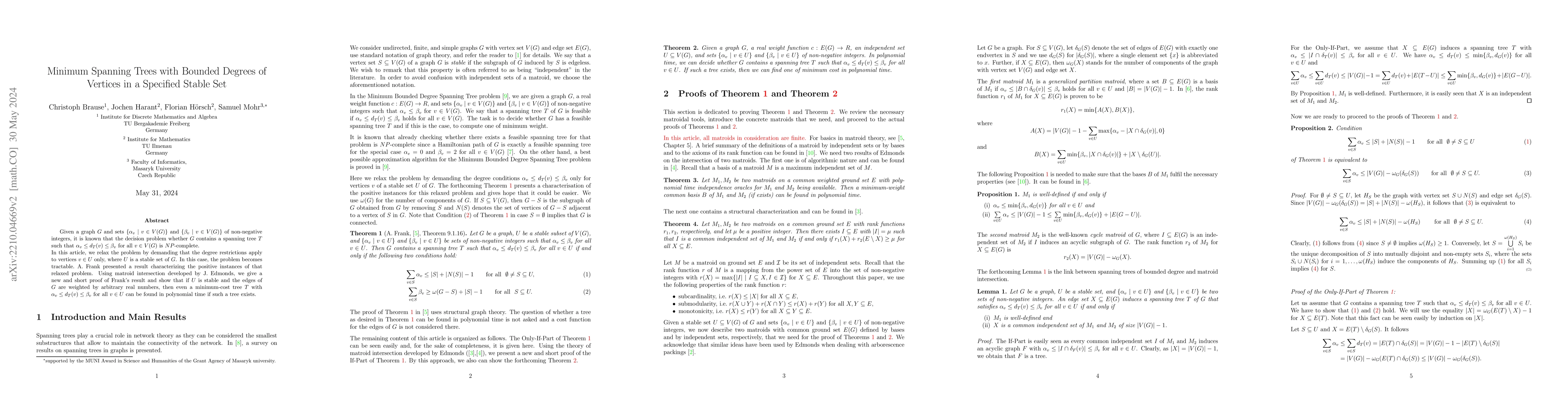 Thumbnail for Minimum Spanning Trees with Bounded Degrees of Vertices in a Specified
  Stable Set