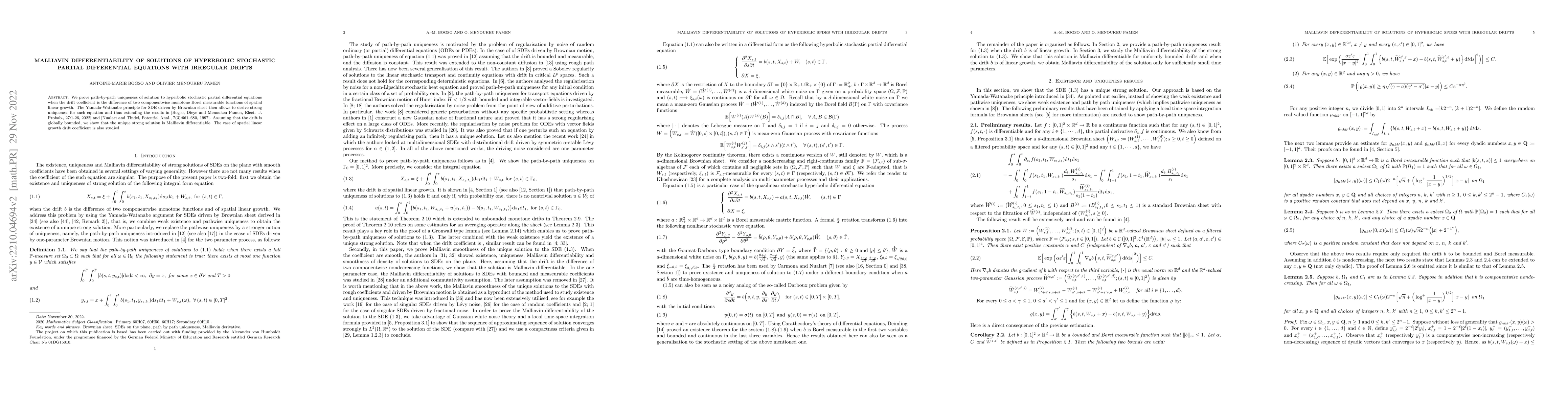 Thumbnail for Malliavin differentiability of solutions of hyperbolic stochastic
  partial differential equations with irregular drifts