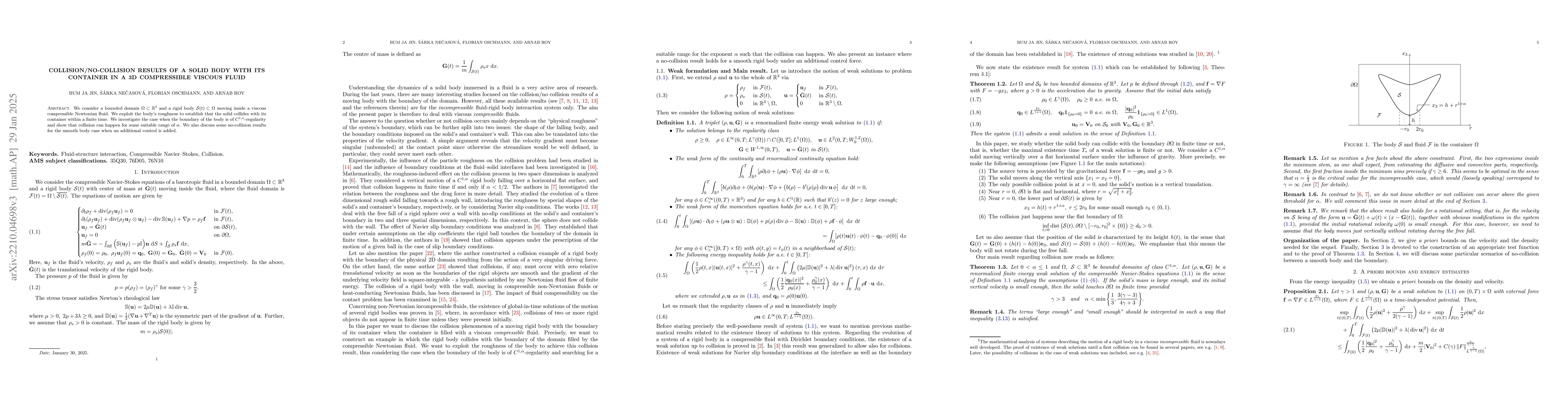 Thumbnail for Collision/No-collision results of a solid body with its container in a
  3D compressible viscous fluid