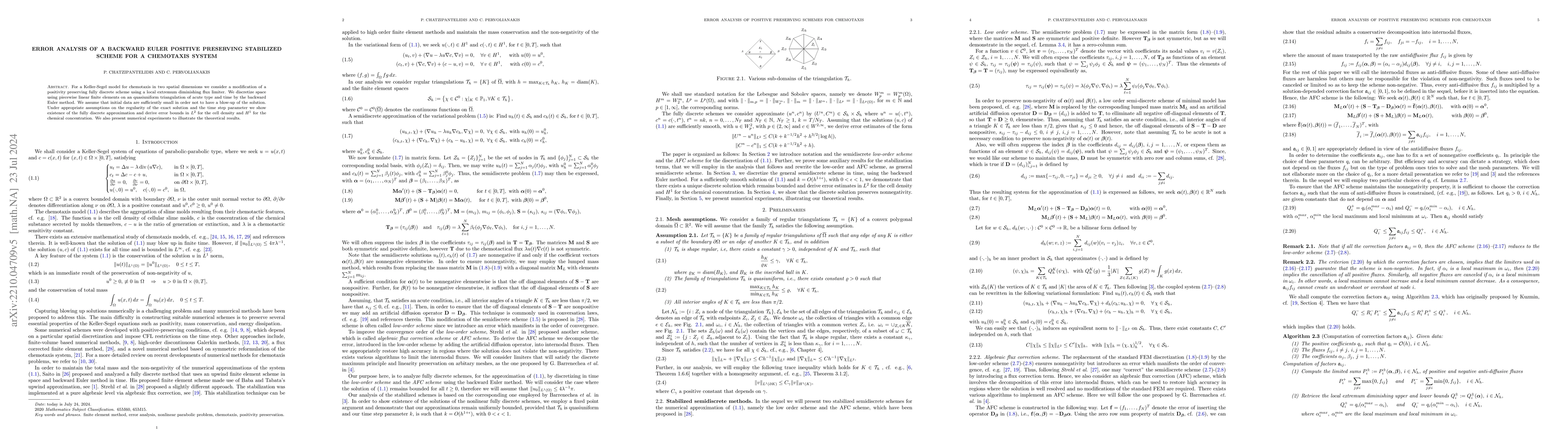 Thumbnail for Error analysis of a backward Euler positive preserving stabilized scheme
  for a Chemotaxis system