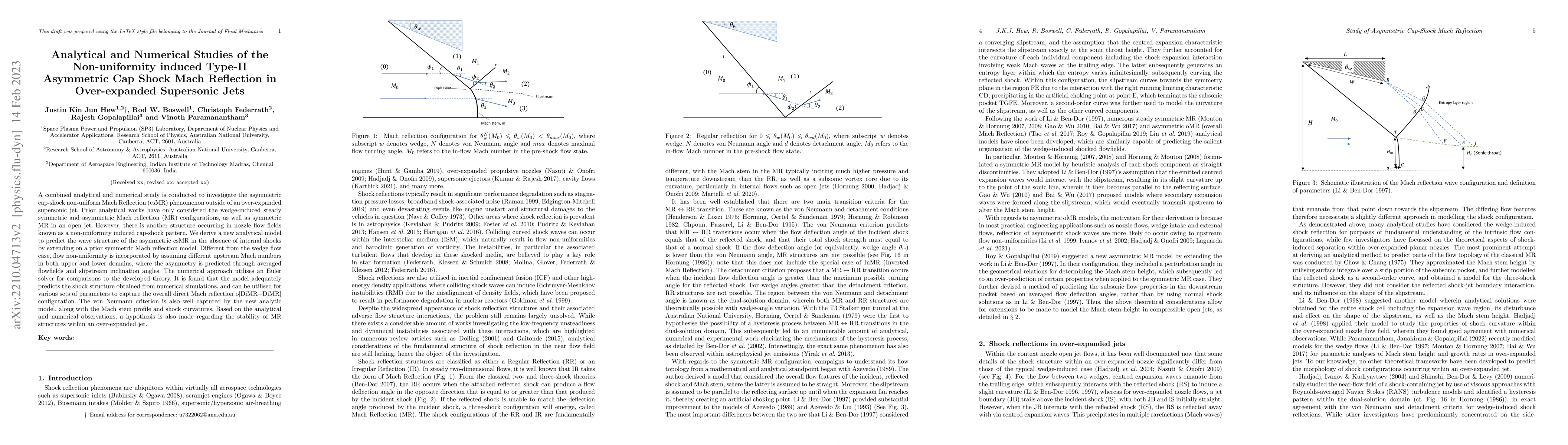Thumbnail for Analytical and Numerical Studies of the Non-uniformity induced Type II
  Asymmetric Cap Shock Mach Reflection in Over-expanded Supersonic Jets
