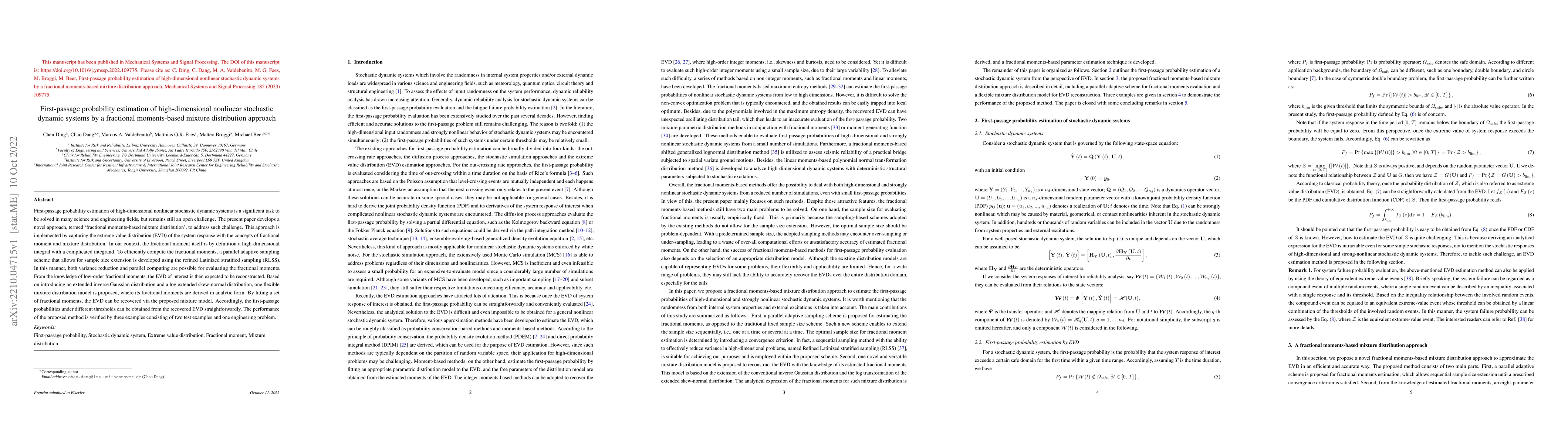 Thumbnail for First-passage probability estimation of high-dimensional nonlinear
  stochastic dynamic systems by a fractional moments-based mixture distribution
  approach