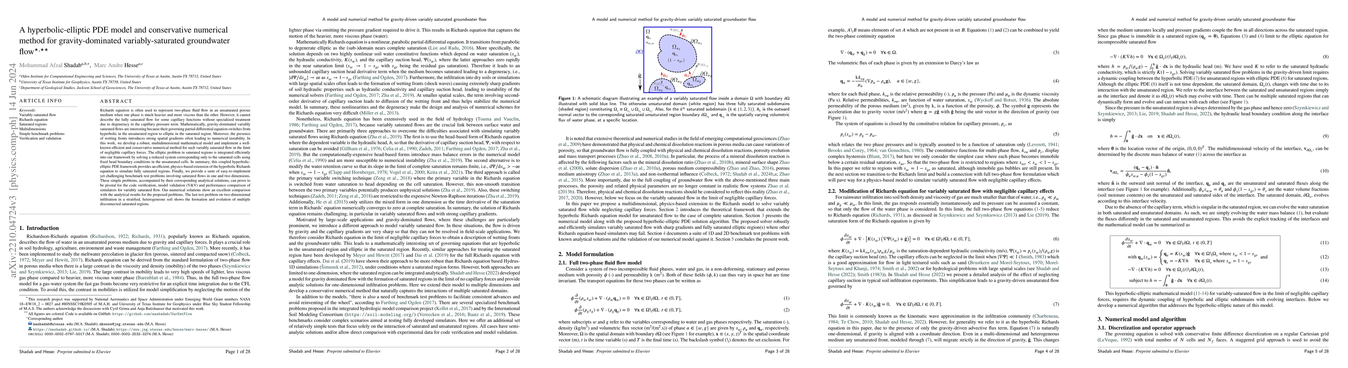 Thumbnail for A hyperbolic-elliptic PDE model and conservative numerical method for
  gravity-dominated variably-saturated groundwater flow