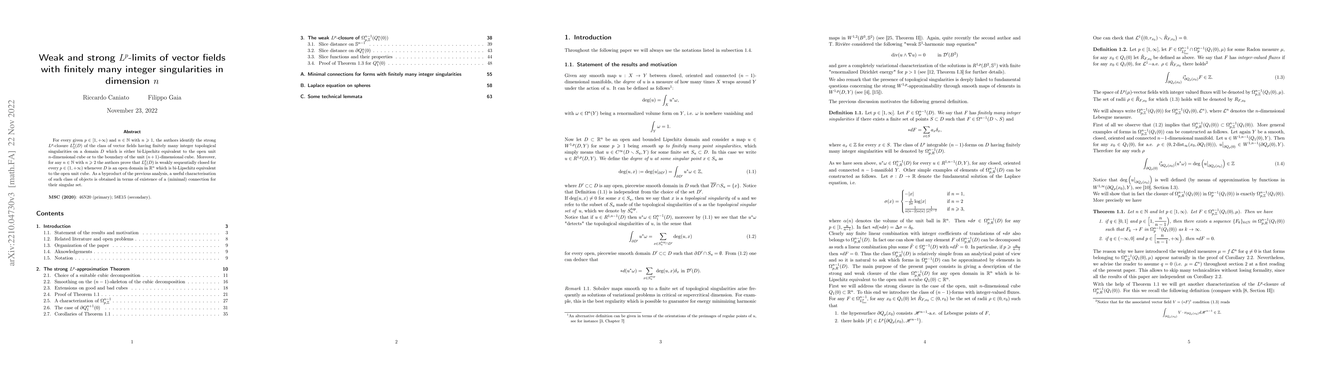 Thumbnail for Weak and strong $L^p$-limits of vector fields with finitely many integer
  singularities in dimension $n$