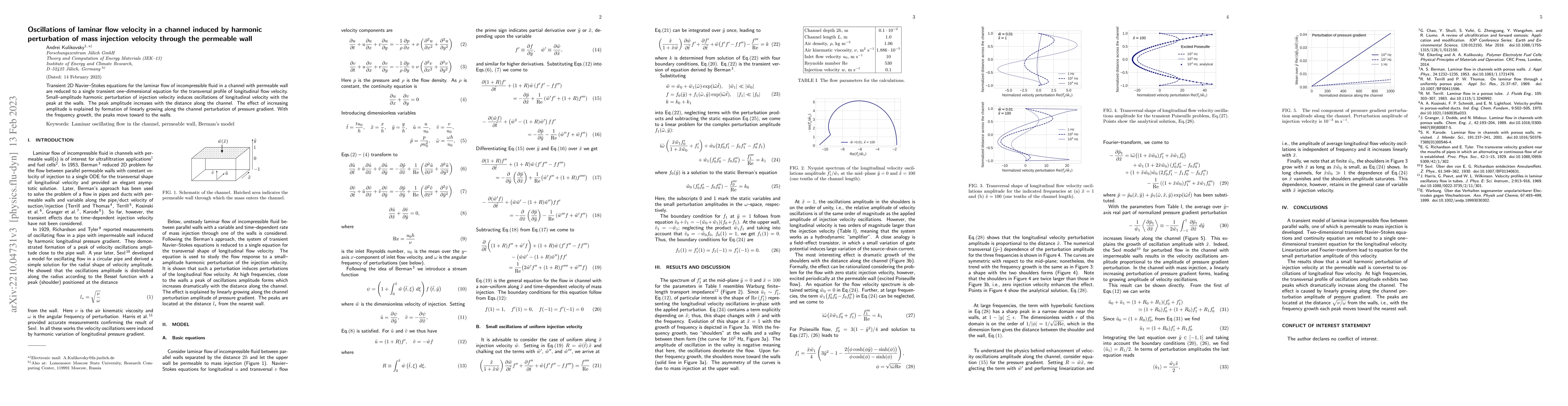 Thumbnail for Oscillations of laminar flow velocity in a channel induced by harmonic
  perturbation of mass injection velocity through the permeable wall